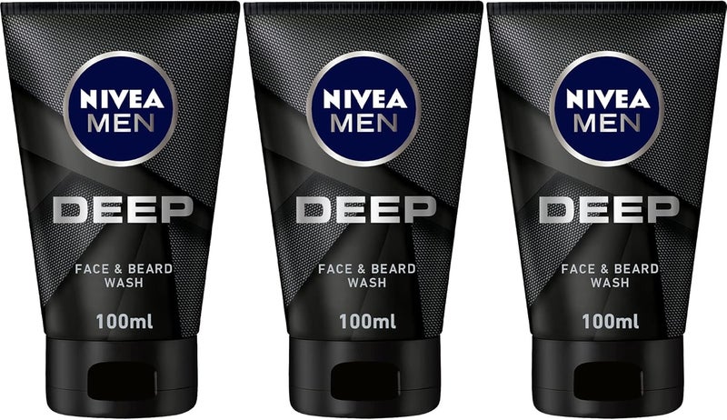 NIVEA MEN DEEP Cleansing Face & Beard Wash with Active Charcoal, 3x100ml - Image 1